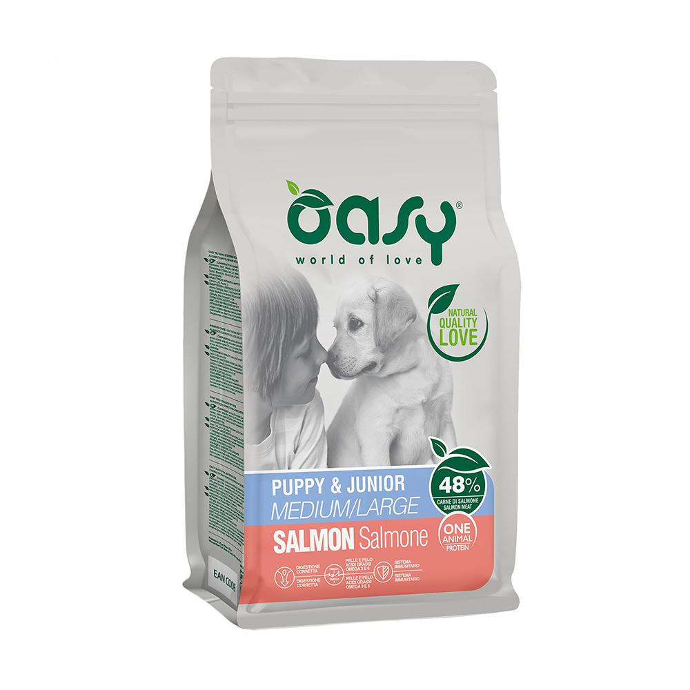 Сухий корм для цуценят середніх та великих порід Oasy One Animal Protein Puppy &amp; Junior Medium/Large з лососем, 2.5 кг